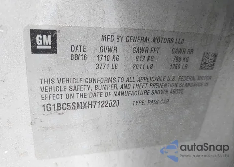 2017 Chevrolet Cruze Ls Auto из США, поврежденный, VIN 1G1BC5SMXH7122020